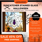Halloween stained glass spider web suncatcher promotional banner, showing purple spider design, handmade features, and free shipping with seasonal discount.