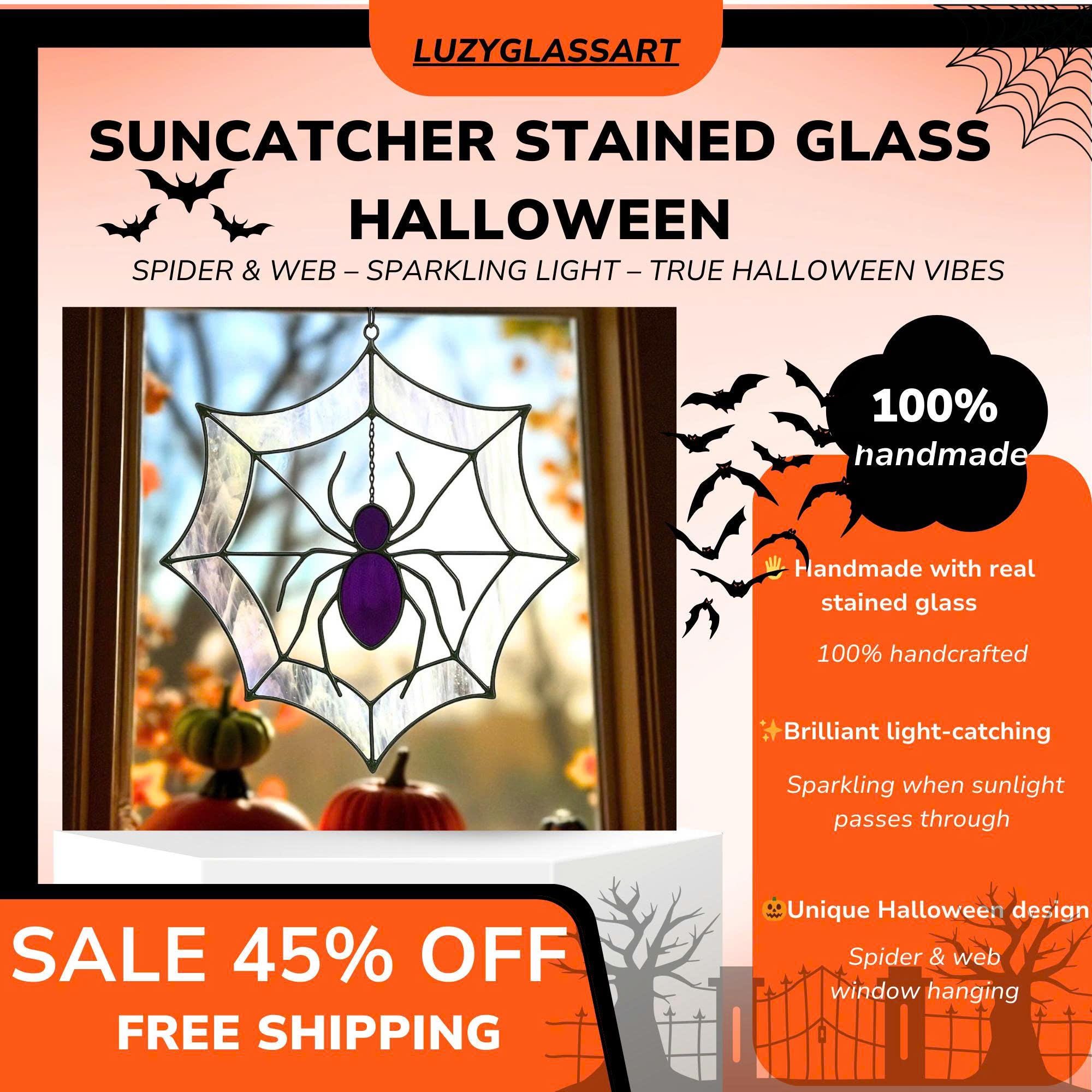 Halloween stained glass spider web suncatcher promotional banner, showing purple spider design, handmade features, and free shipping with seasonal discount.