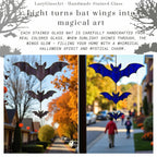 Whimsical stained glass bat window hanging with autumn background – handcrafted Halloween decoration.