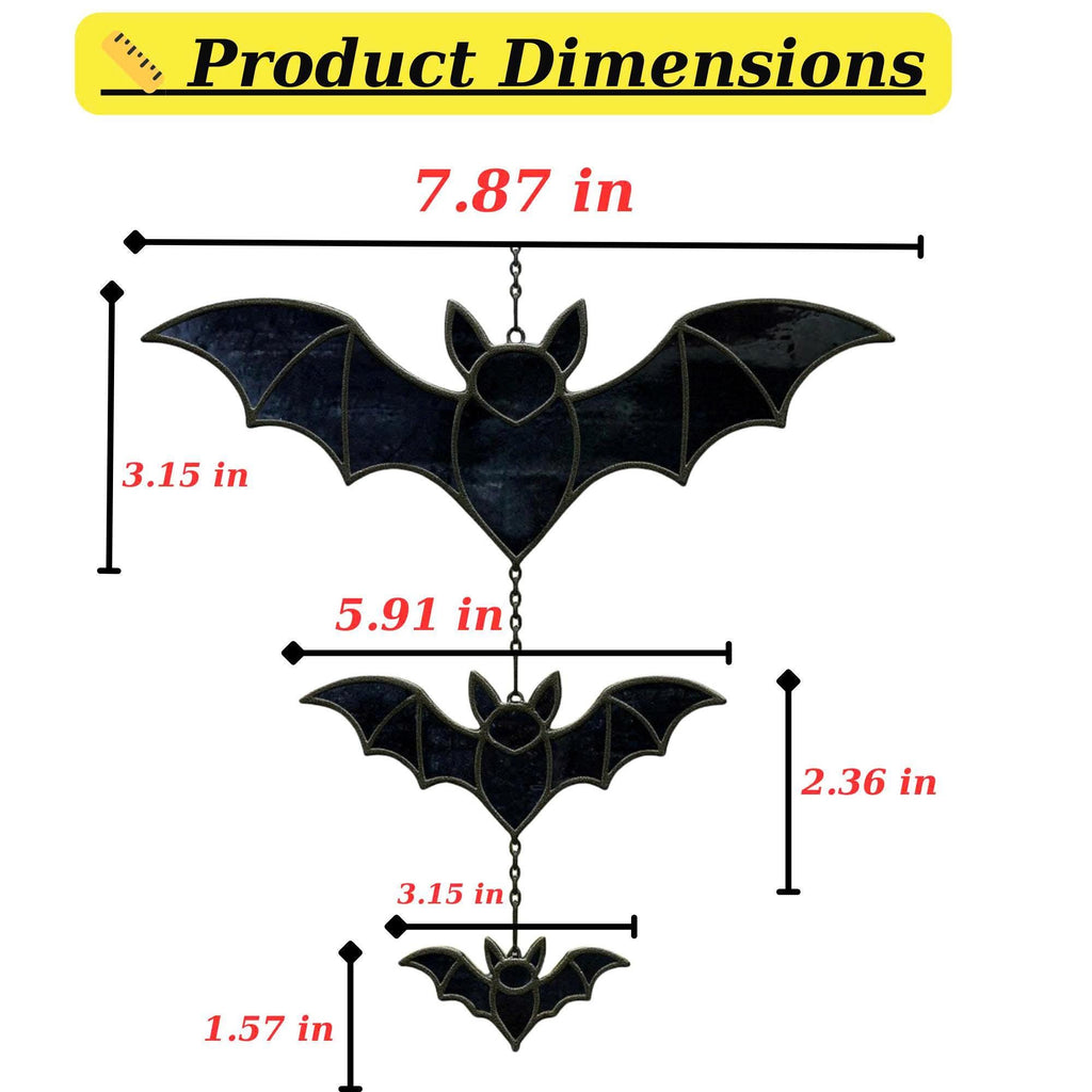 Stained glass bat suncatcher size chart – large, medium, and small bats with exact measurements in inches.