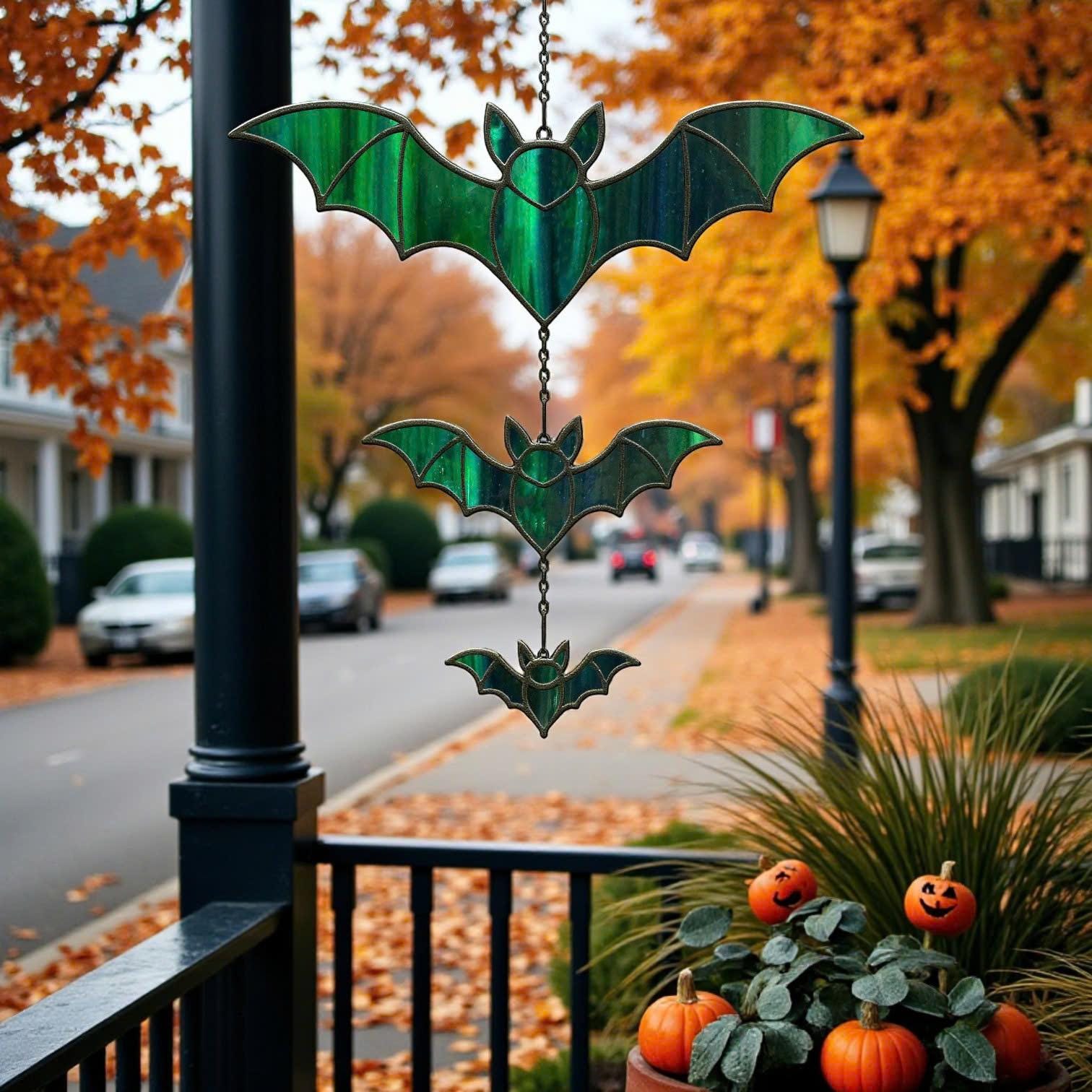 Triple bat stained glass suncatcher hanging outside porch with pumpkins and autumn leaves.