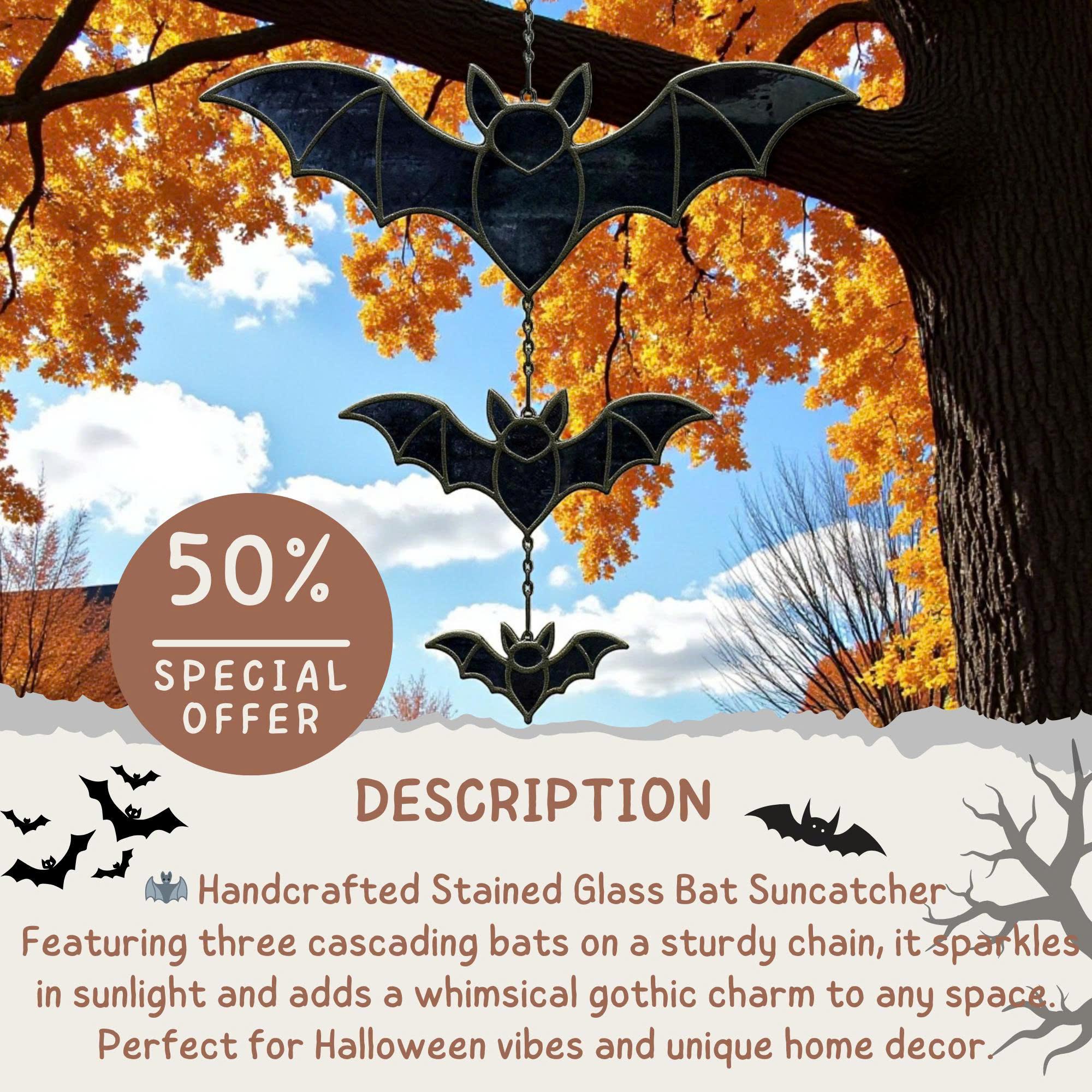 Halloween stained glass bat suncatcher with special offer 30% discount, handmade gothic window decor.