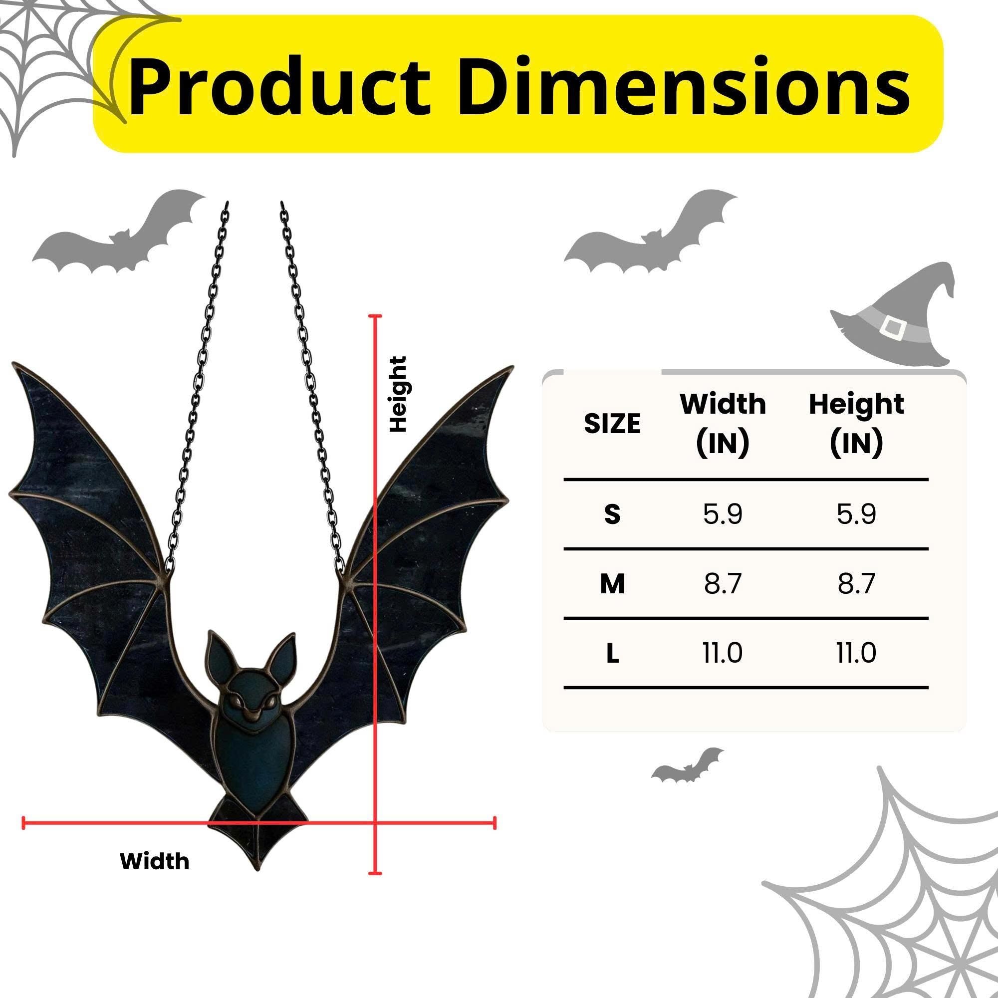Product dimensions chart of stained glass bat suncatcher in sizes small, medium, and large. Measurements included for accurate sizing of handmade Halloween decoration.
