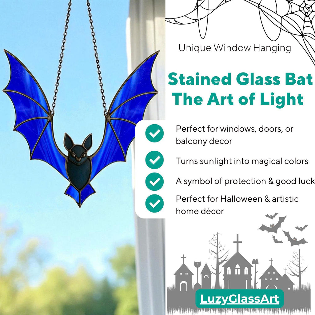 Promotional graphic of stained glass bat suncatcher showing benefits: perfect for windows, turns sunlight into magical colors, symbol of protection and good luck, ideal Halloween home decor.