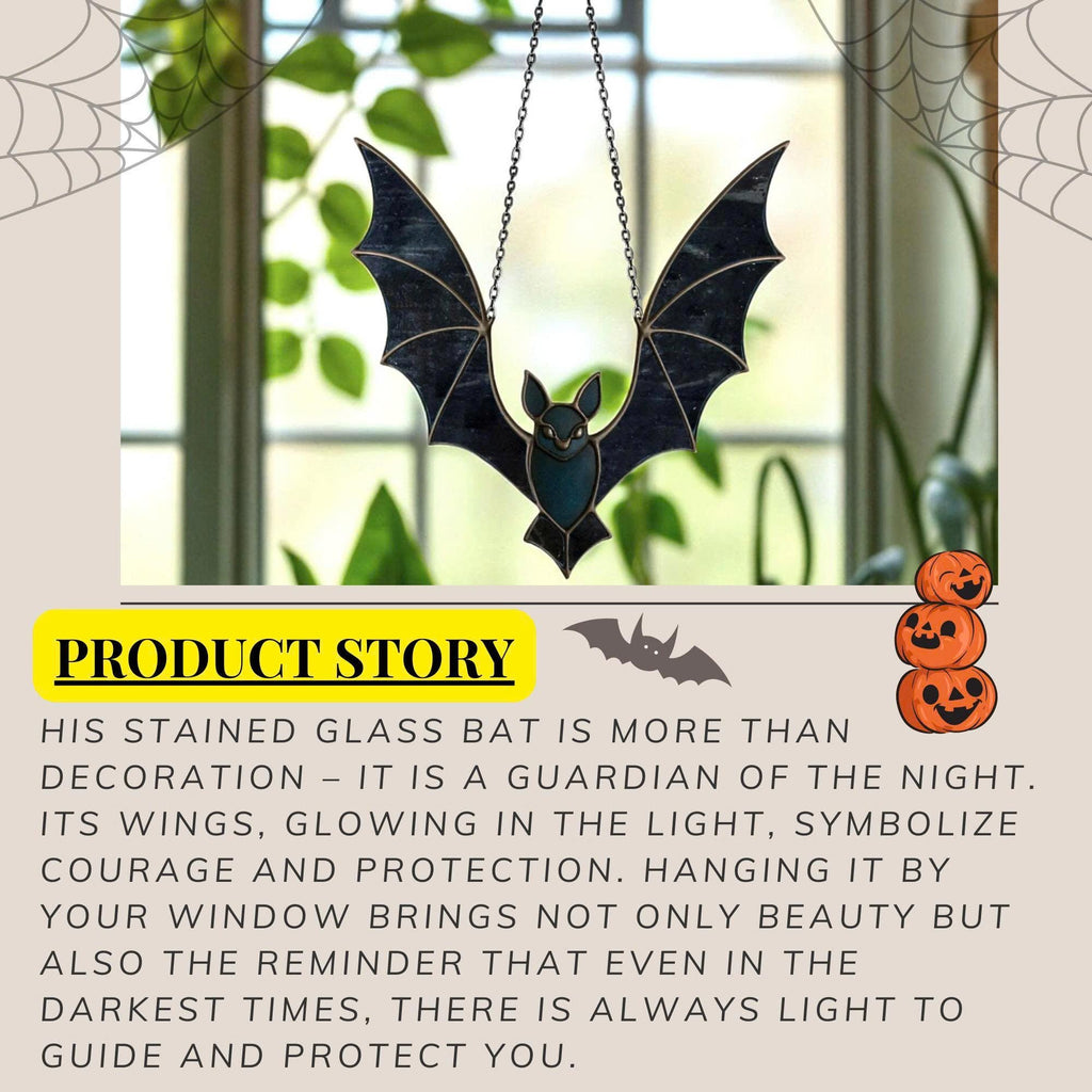 Product story graphic for stained glass bat suncatcher, describing its symbolic meaning of courage and protection, with glowing wings bringing beauty, light, and mystical Halloween charm.