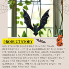 Product story graphic for stained glass bat suncatcher, describing its symbolic meaning of courage and protection, with glowing wings bringing beauty, light, and mystical Halloween charm.