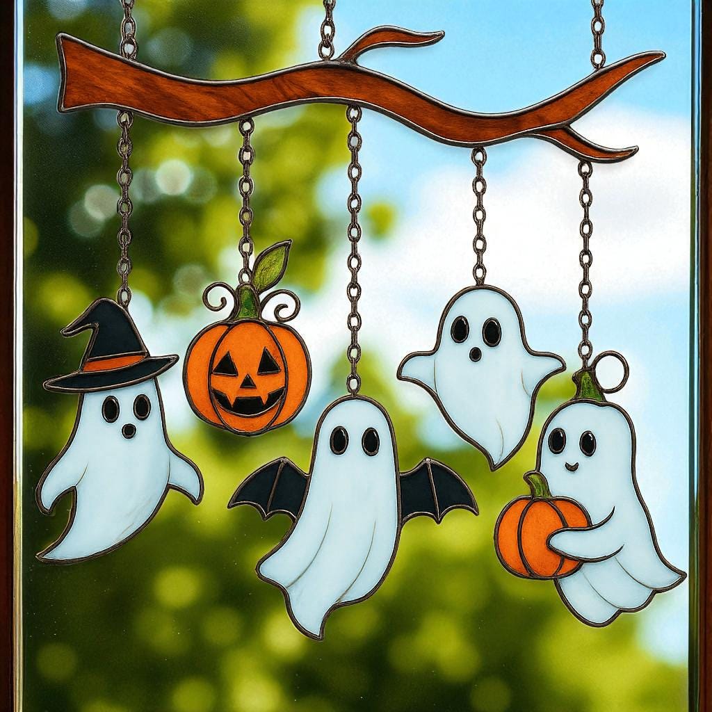 Handmade stained glass suncatcher with two pumpkins and ghost for Halloween home décor.