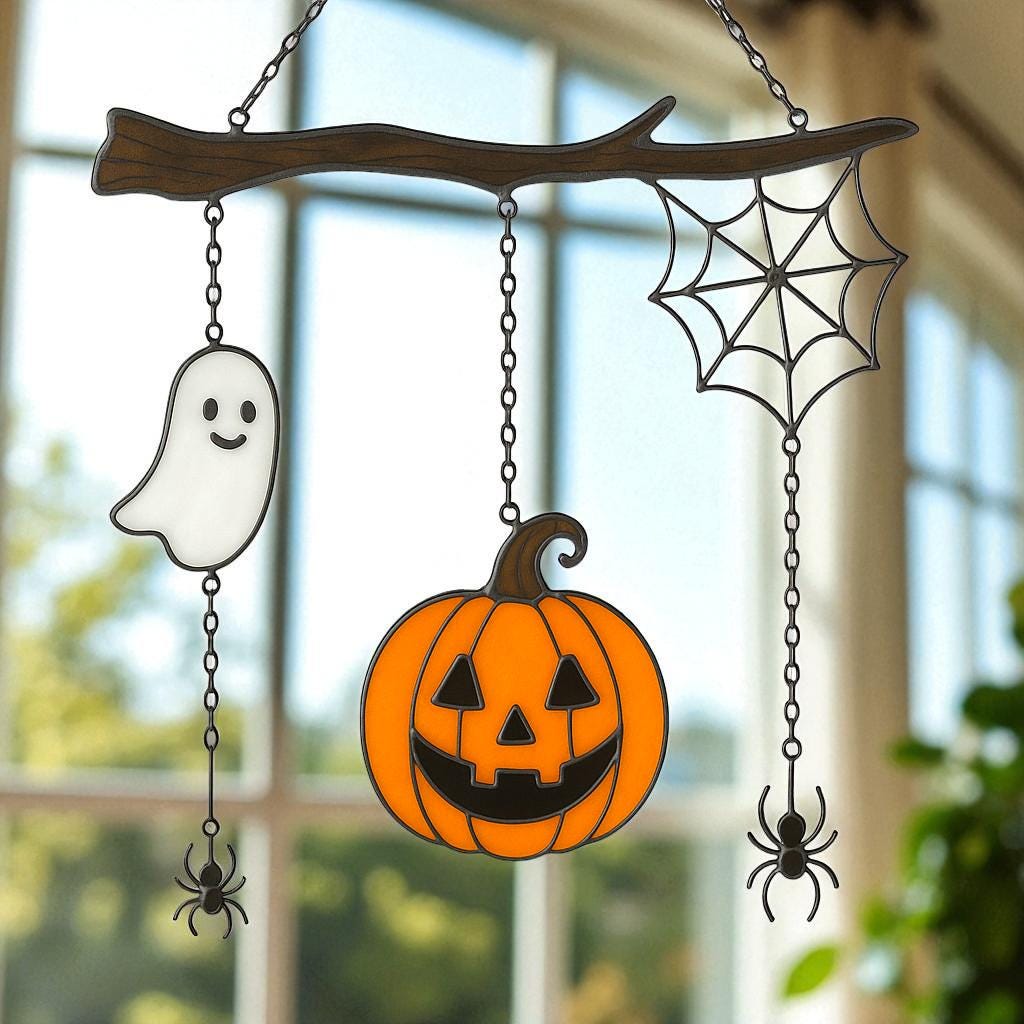 Halloween stained glass suncatcher with ghost, pumpkin, and spiderweb hanging on branch window decoration.