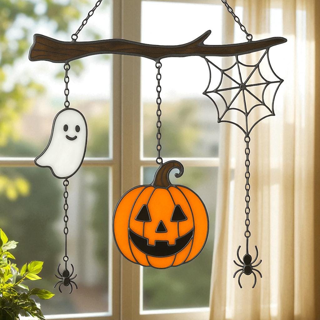Halloween stained glass ghost pumpkin suncatcher with size measurements 7.87 x 9.84 inches.