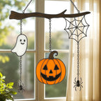 Halloween stained glass ghost pumpkin suncatcher with size measurements 7.87 x 9.84 inches.