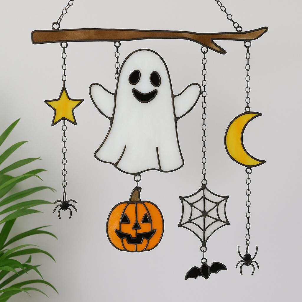 Side by side comparison of two Halloween stained glass suncatcher designs with ghost, pumpkin, moon, and spiderweb.
