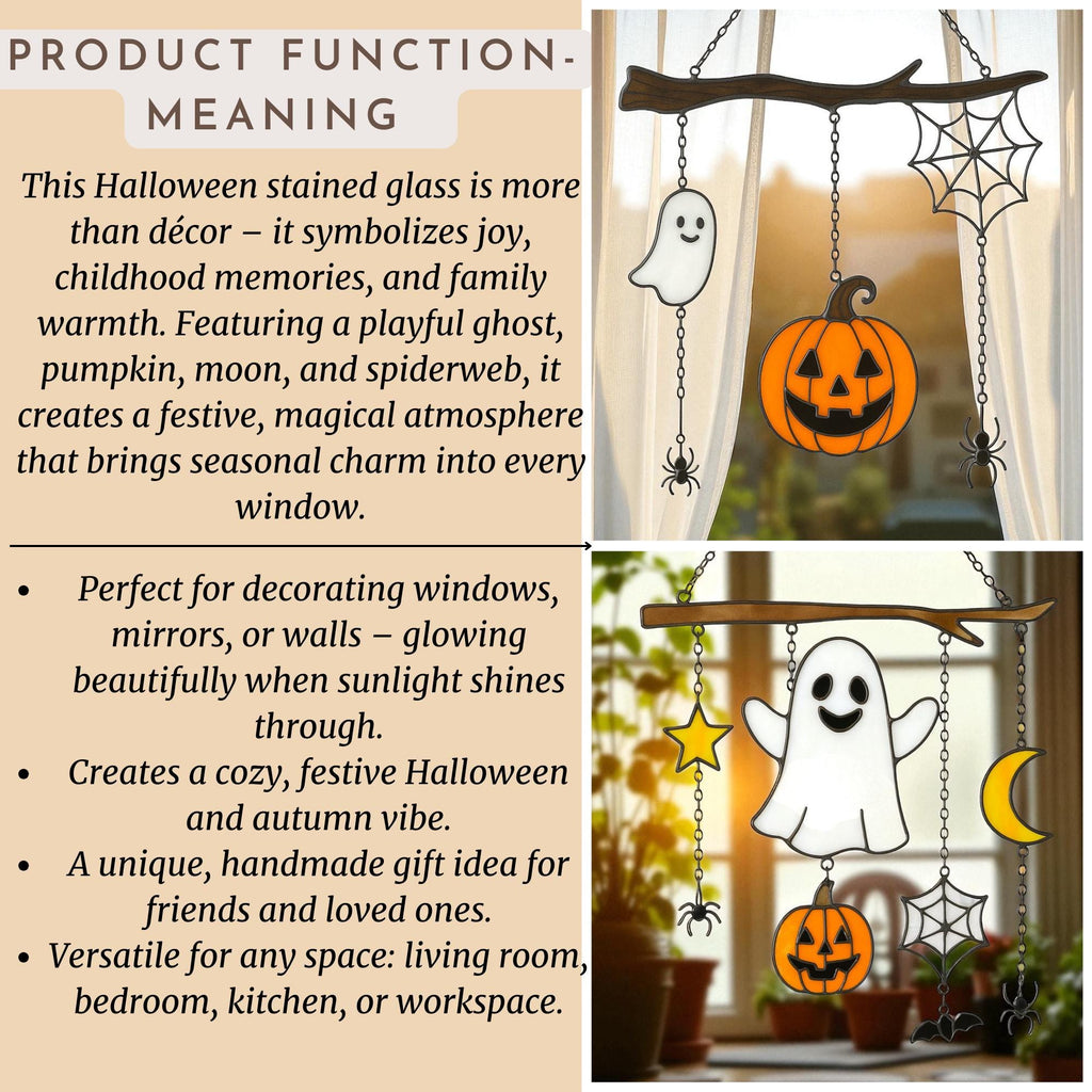 Stained glass Halloween ghost pumpkin suncatcher showing product function and decoration ideas.