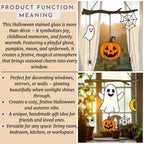 Stained glass Halloween ghost pumpkin suncatcher showing product function and decoration ideas.