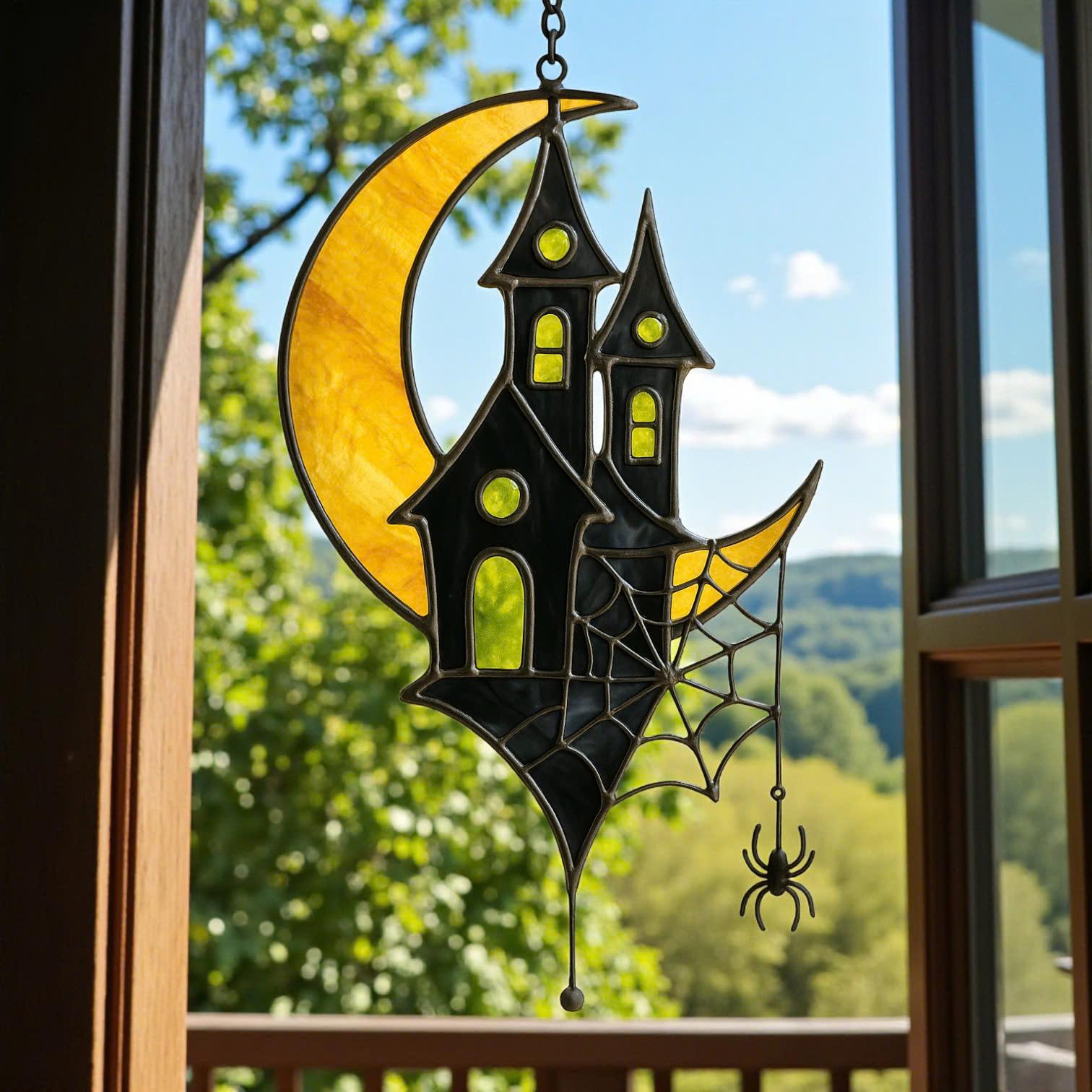 Halloween stained glass moon with haunted house window hanging décor