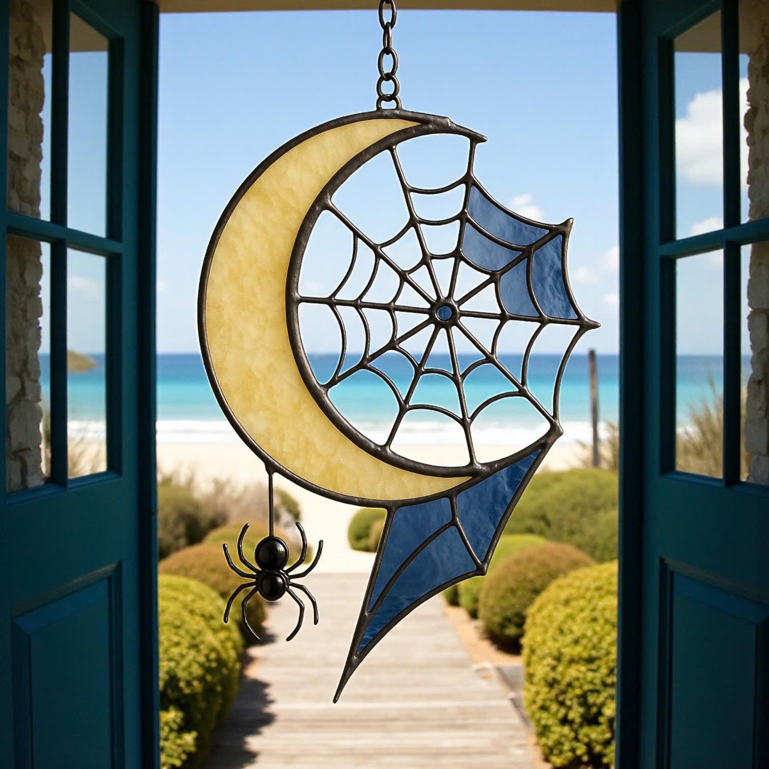 Crescent moon stained glass suncatcher with spider web dreamcatcher design