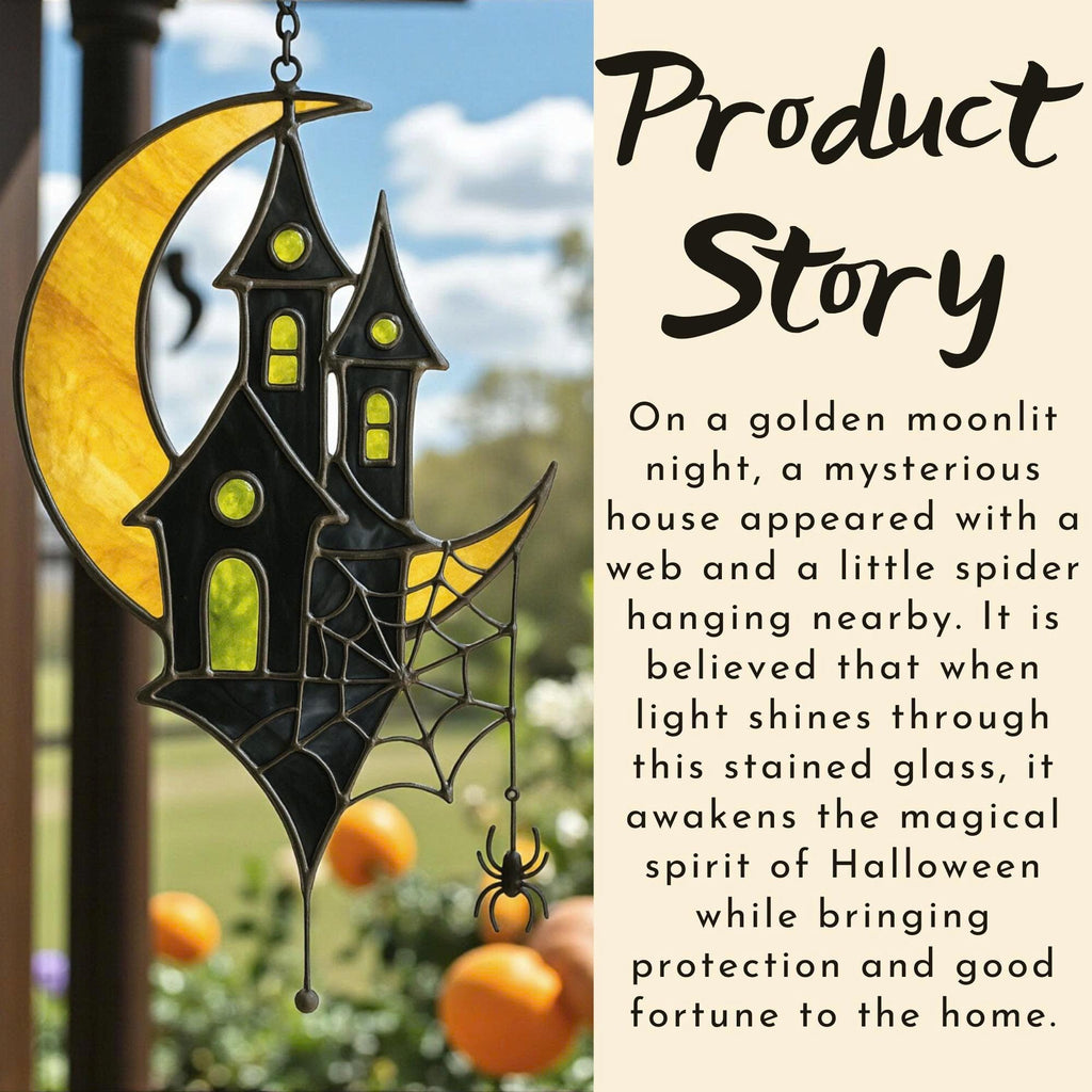 Stained glass crescent moon with black haunted house suncatcher for Halloween