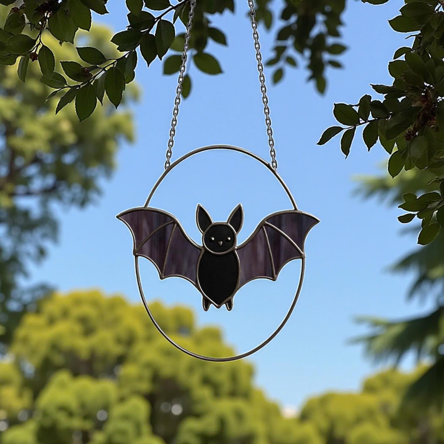 Halloween stained glass bat suncatcher with pumpkin window hanging décor
