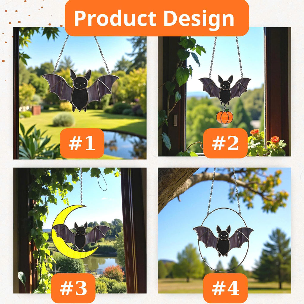 Spooky stained glass bat window hanging ornament for Halloween party décor