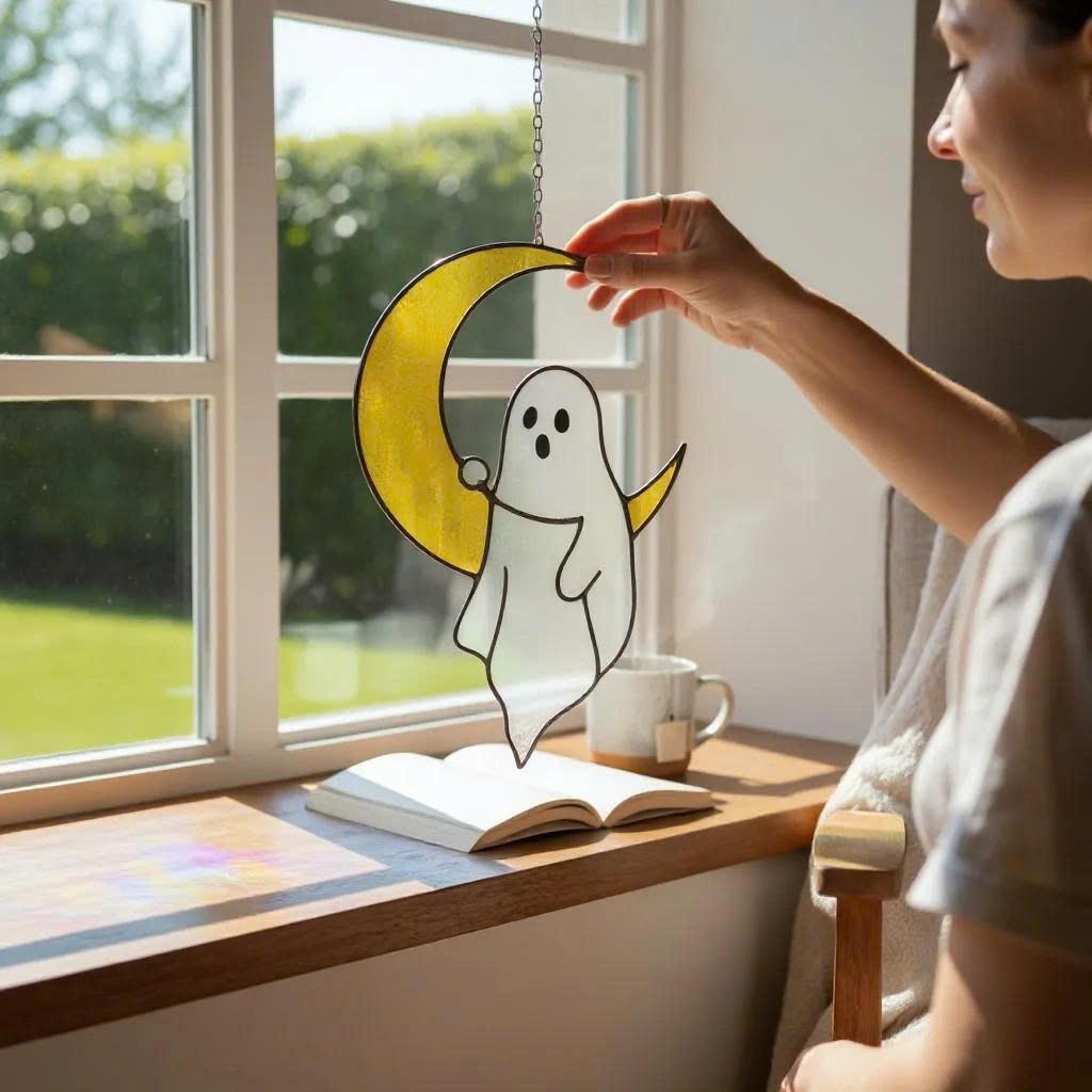 Halloween stained glass pumpkin and ghost whimsical suncatcher