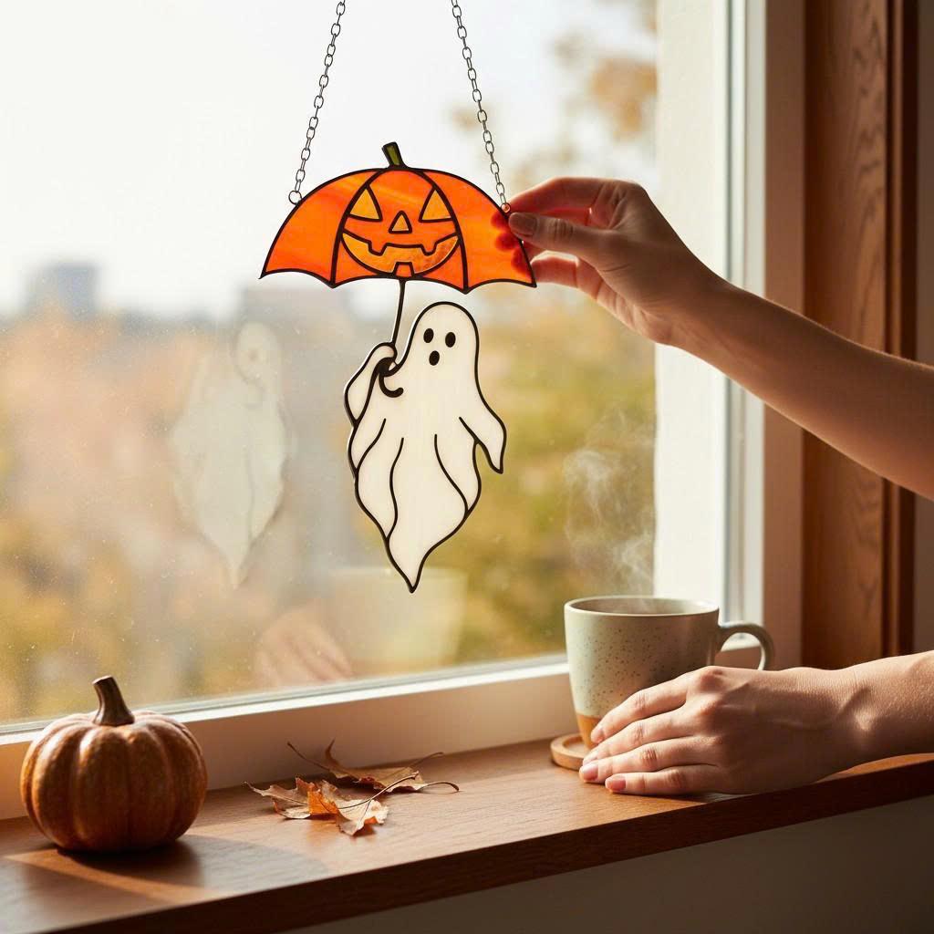 Stained glass ghost window ornament for gothic Halloween decoration