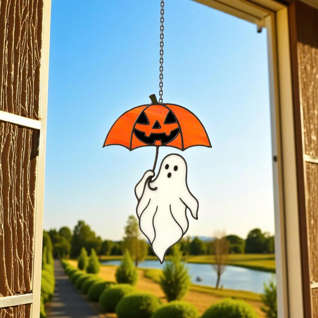 Halloween stained glass ghost suncatcher with pumpkin umbrella window décor