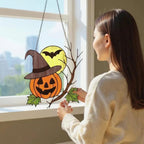 Cute stained glass pumpkin Halloween ornament for gothic window decoration