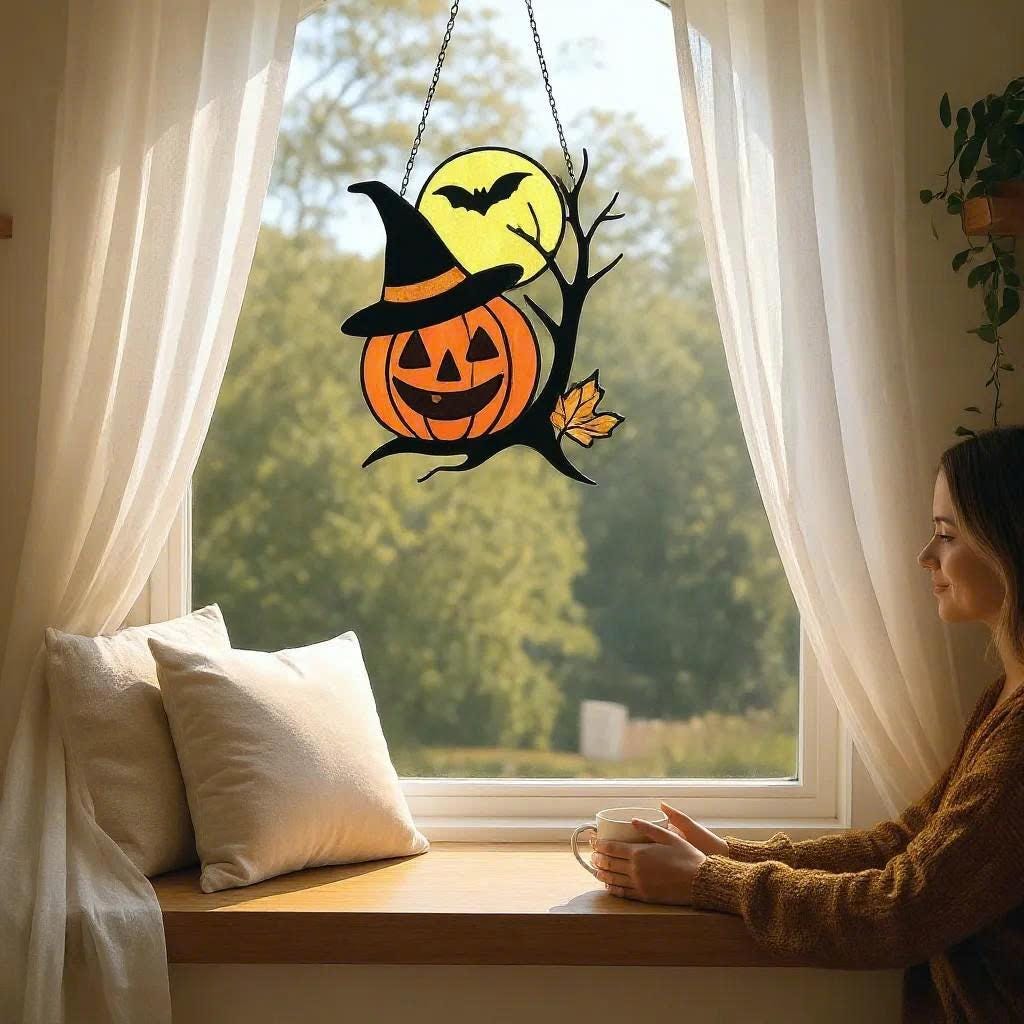 Halloween stained glass pumpkin suncatcher for spooky fall home decoration