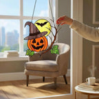Stained glass pumpkin with witch hat Halloween gothic decoration
