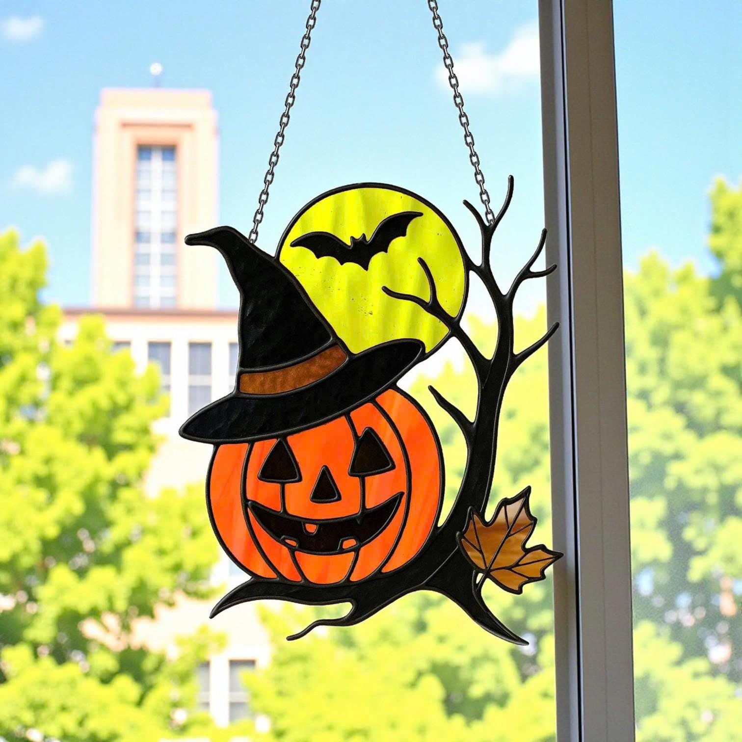 Handmade stained glass pumpkin witch hat Halloween window hanging décor