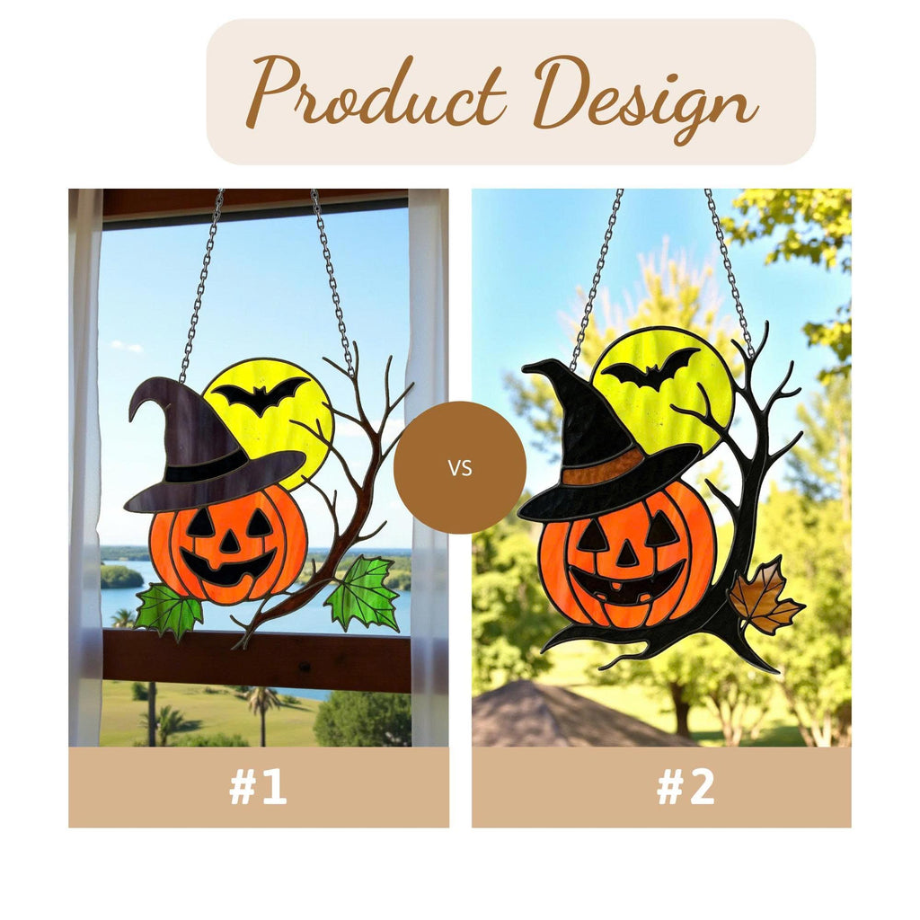 Unique stained glass pumpkin suncatcher for witchy Halloween décor