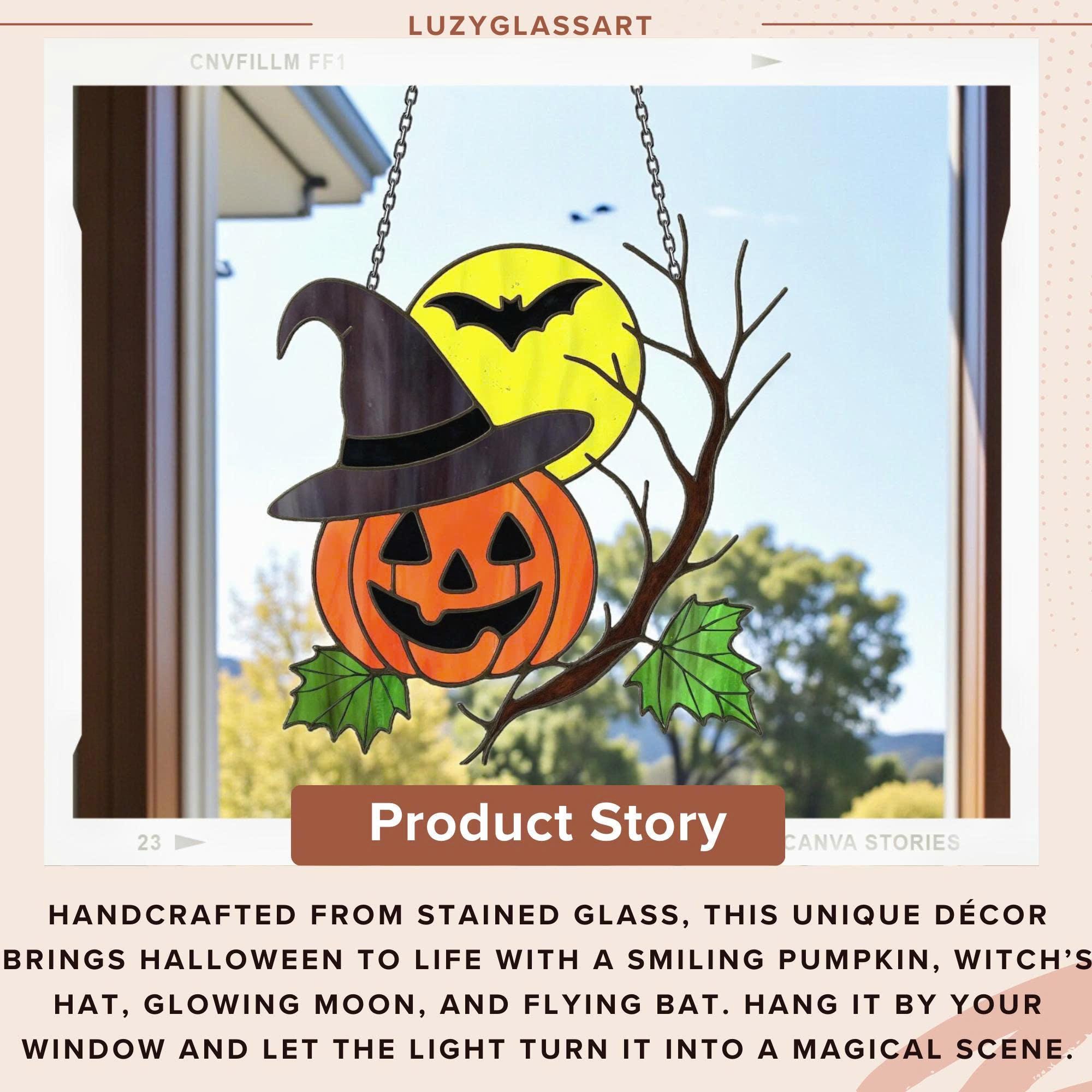 Halloween stained glass pumpkin ornament hanging for spooky home décor