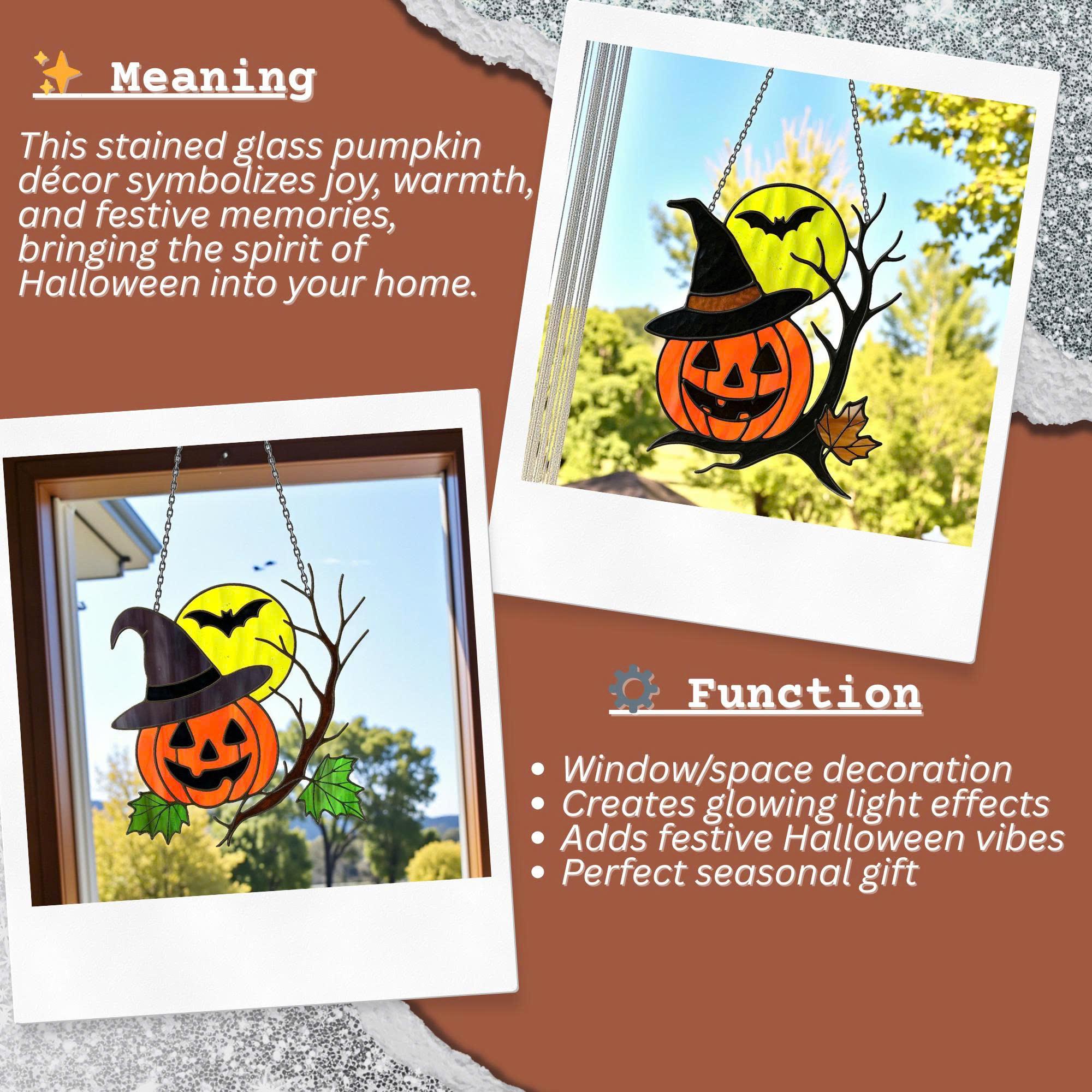 Halloween stained glass pumpkin suncatcher for spooky fall home decoration