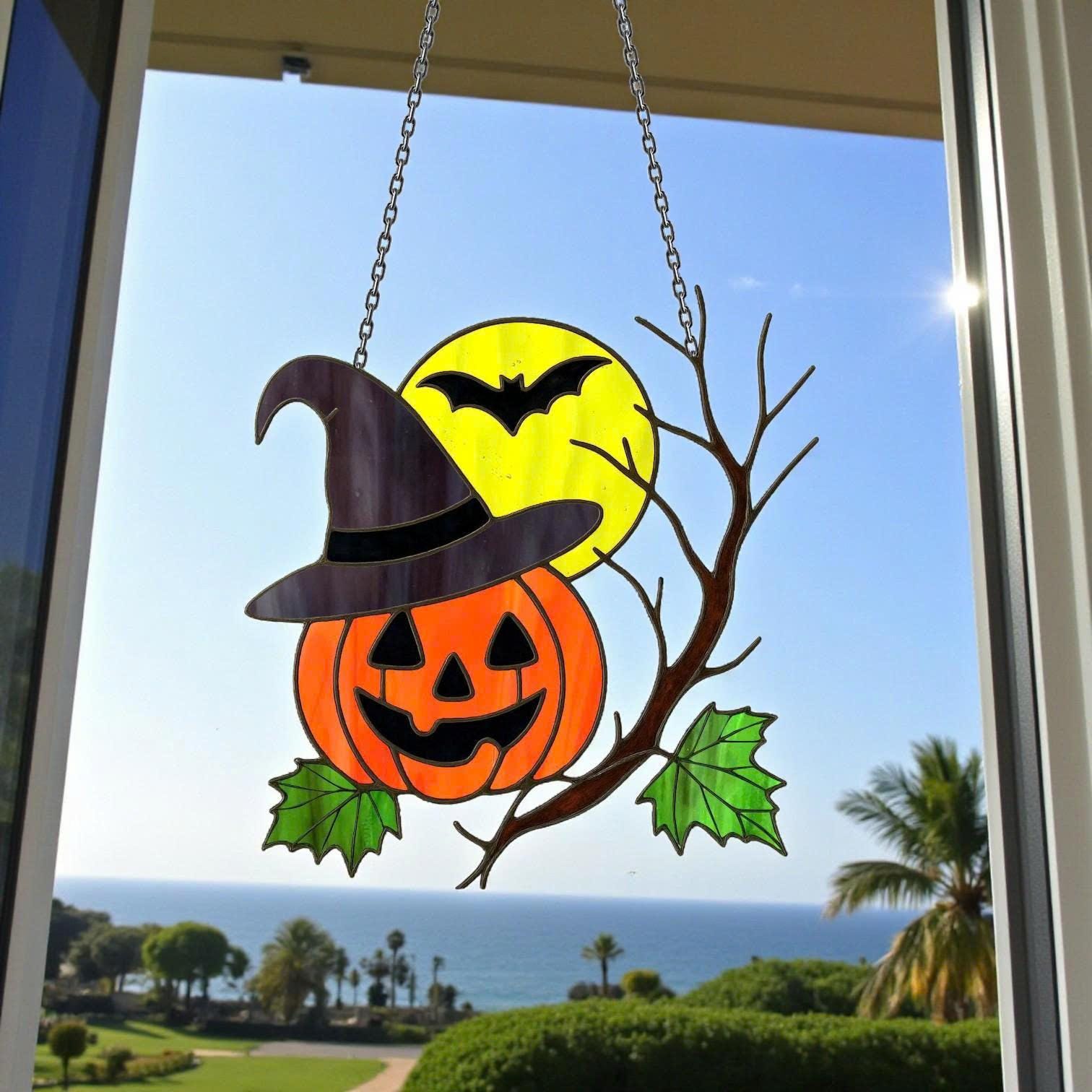 Halloween stained glass pumpkin suncatcher with witch hat spooky décor