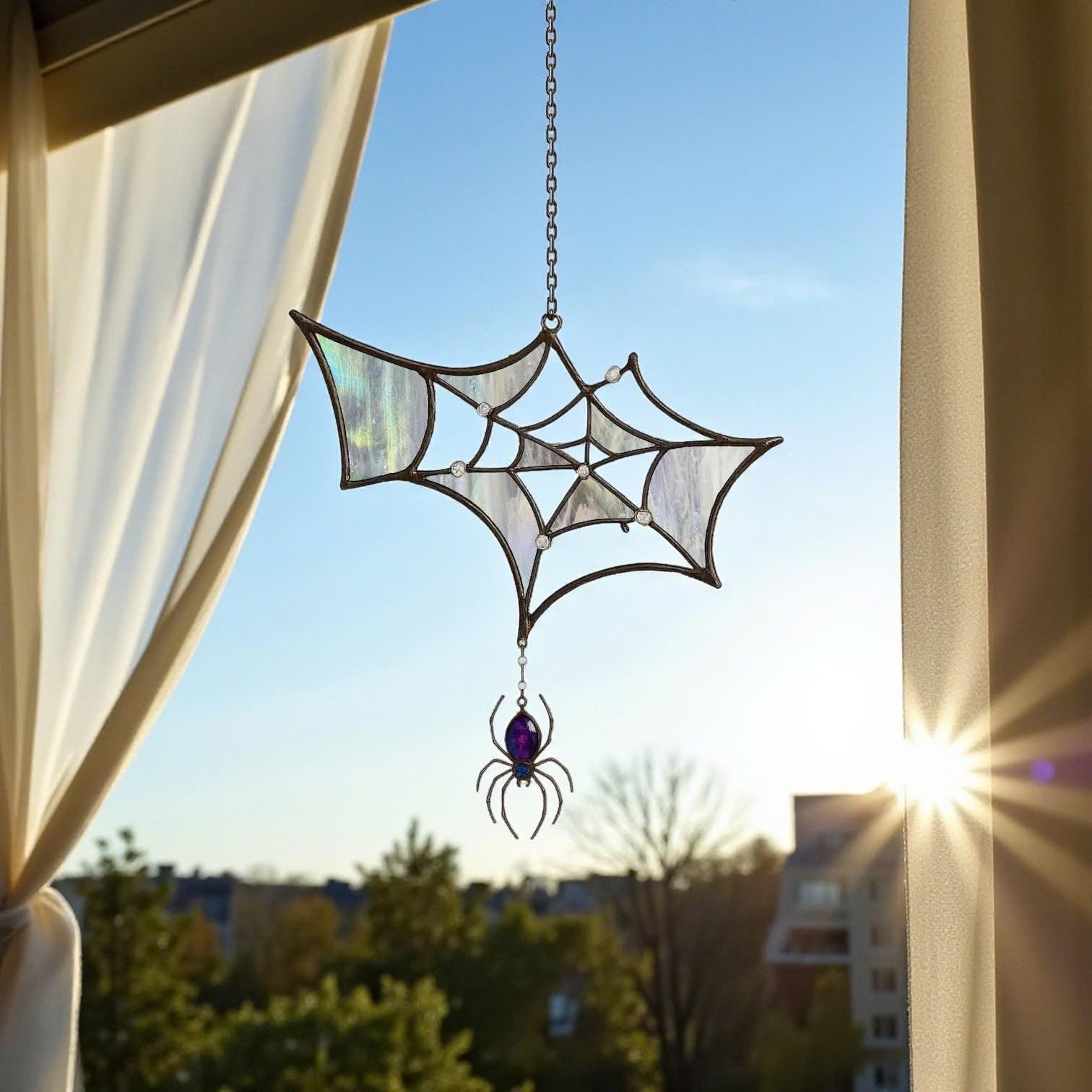 Handcrafted stained glass spider web Halloween suncatcher décor