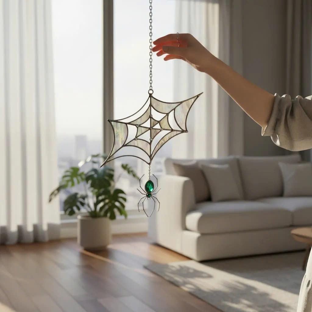 Unique spider web stained glass Halloween ornament for spooky décor