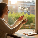 Halloween stained glass spider web decoration hanging on window
