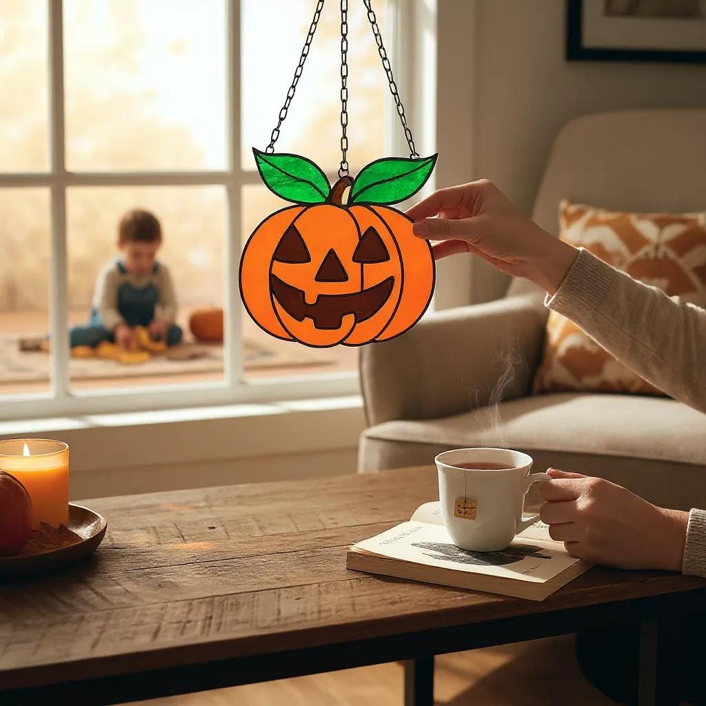 Handmade stained glass pumpkin Halloween ornament for spooky décor