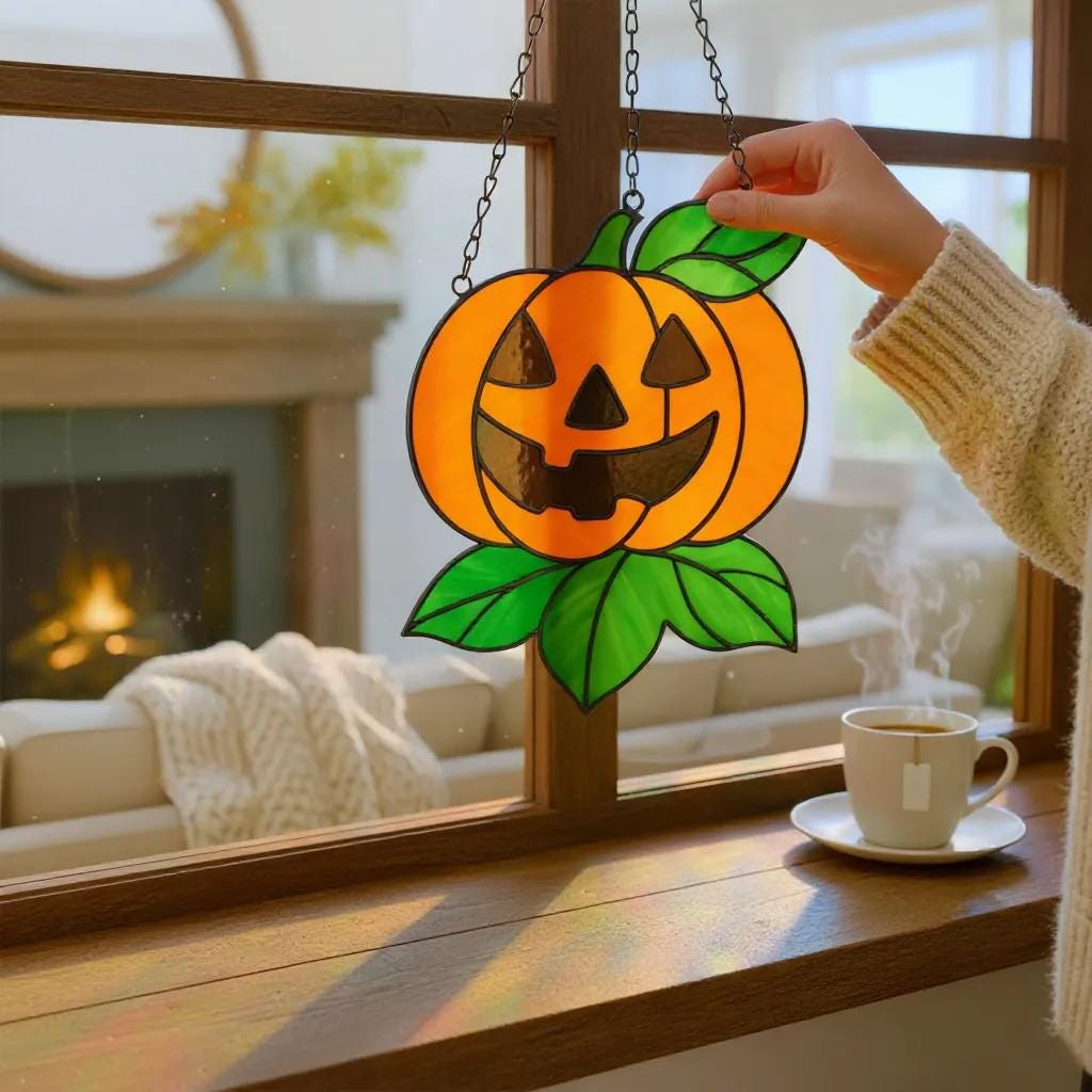 Cute stained glass pumpkin Halloween decoration hanging on window