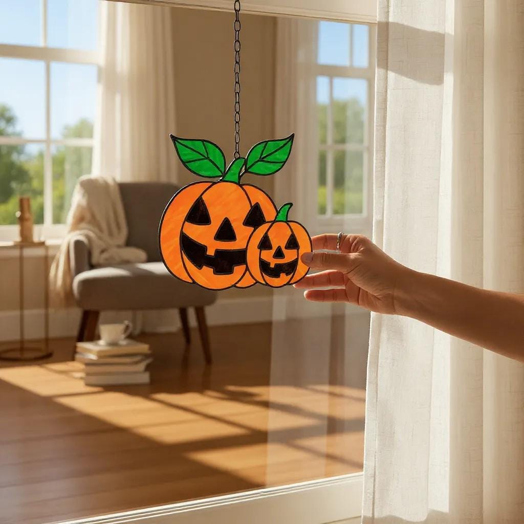Spooky stained glass pumpkin Halloween suncatcher for home décor
