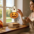 Handmade stained glass ghost pumpkin suncatcher for gothic window décor