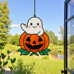 Halloween stained glass ghost with pumpkin suncatcher window hanging décor