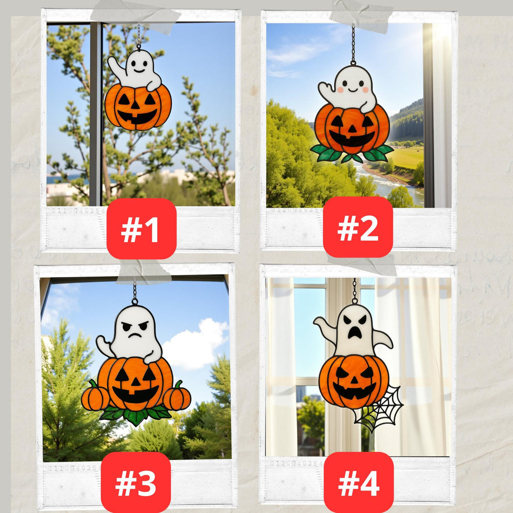 Unique stained glass ghost pumpkin Halloween window hanging decoration