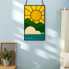 Stained Glass Sunrise Suncatcher Panel | Boho Sun Rays, Mountains & Ocean | Window Hanging
