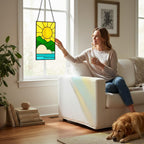 Stained Glass Sunrise Suncatcher Panel | Boho Sun Rays, Mountains & Ocean | Window Hanging