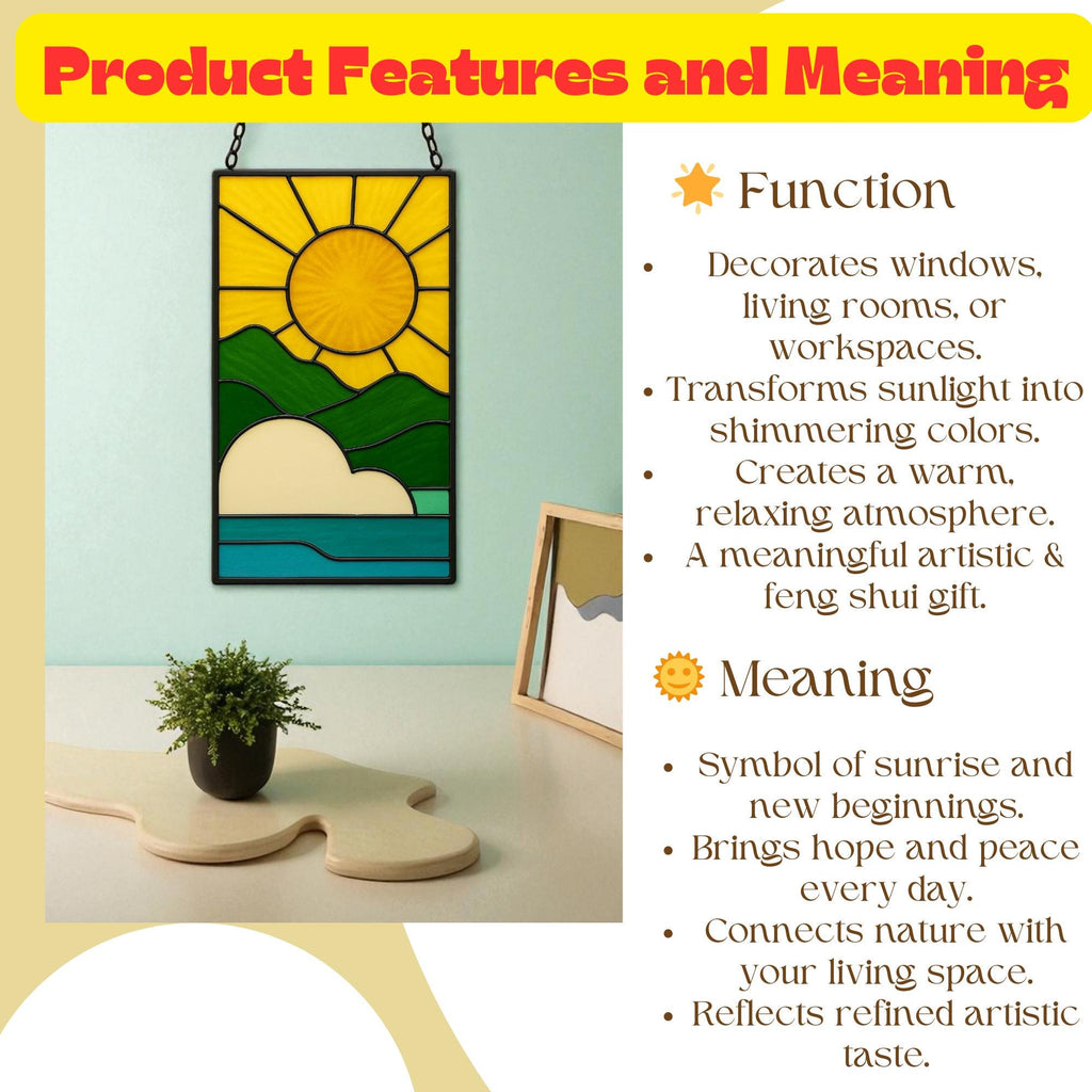 Stained Glass Sunrise Suncatcher Panel | Boho Sun Rays, Mountains & Ocean | Window Hanging