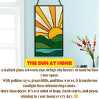 Stained Glass Sunrise Suncatcher Panel | Boho Sun Rays, Mountains & Ocean | Window Hanging
