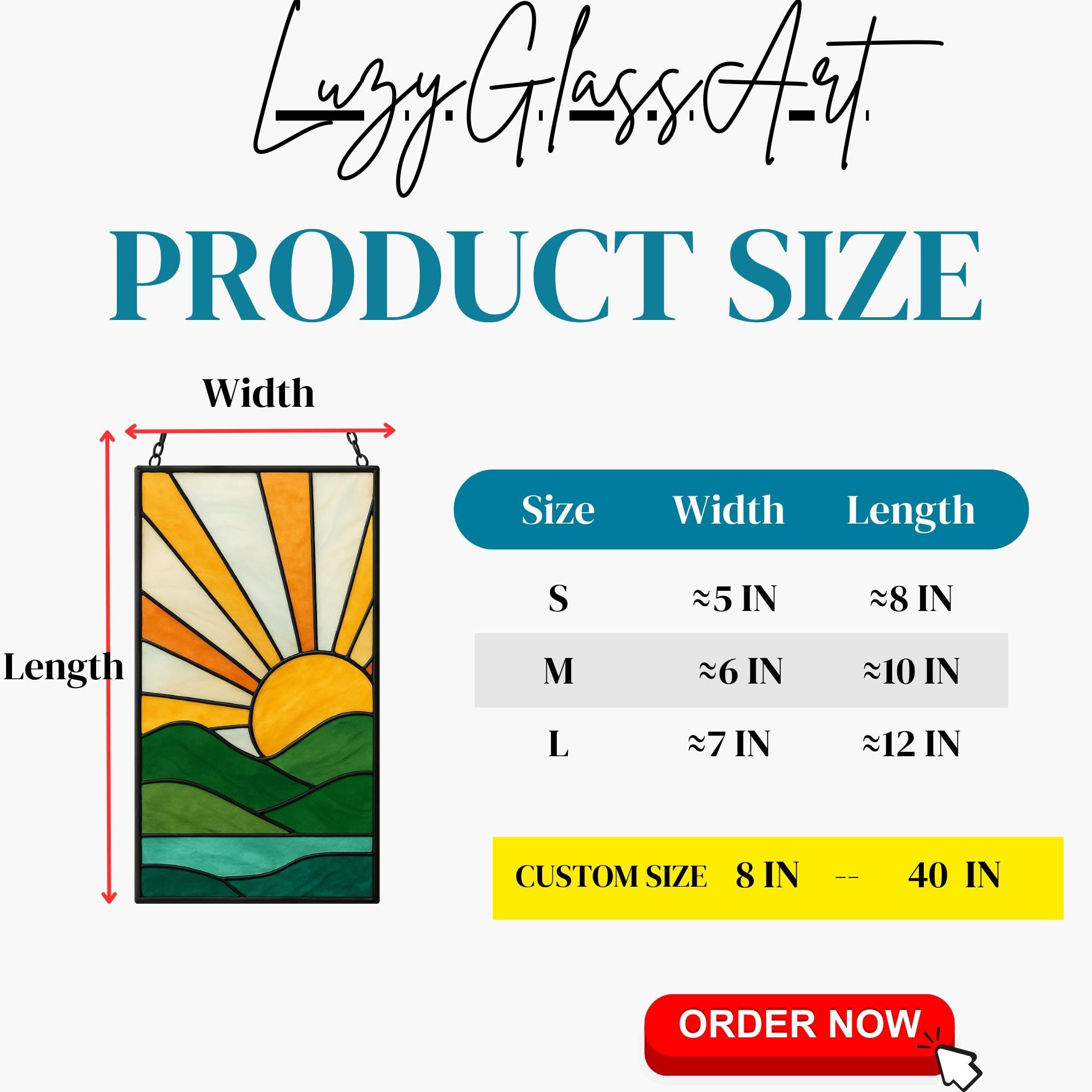 Stained Glass Sunrise Suncatcher Panel | Boho Sun Rays, Mountains & Ocean | Window Hanging