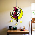 Handmade stained glass witch on crescent moon Halloween window hanging décor