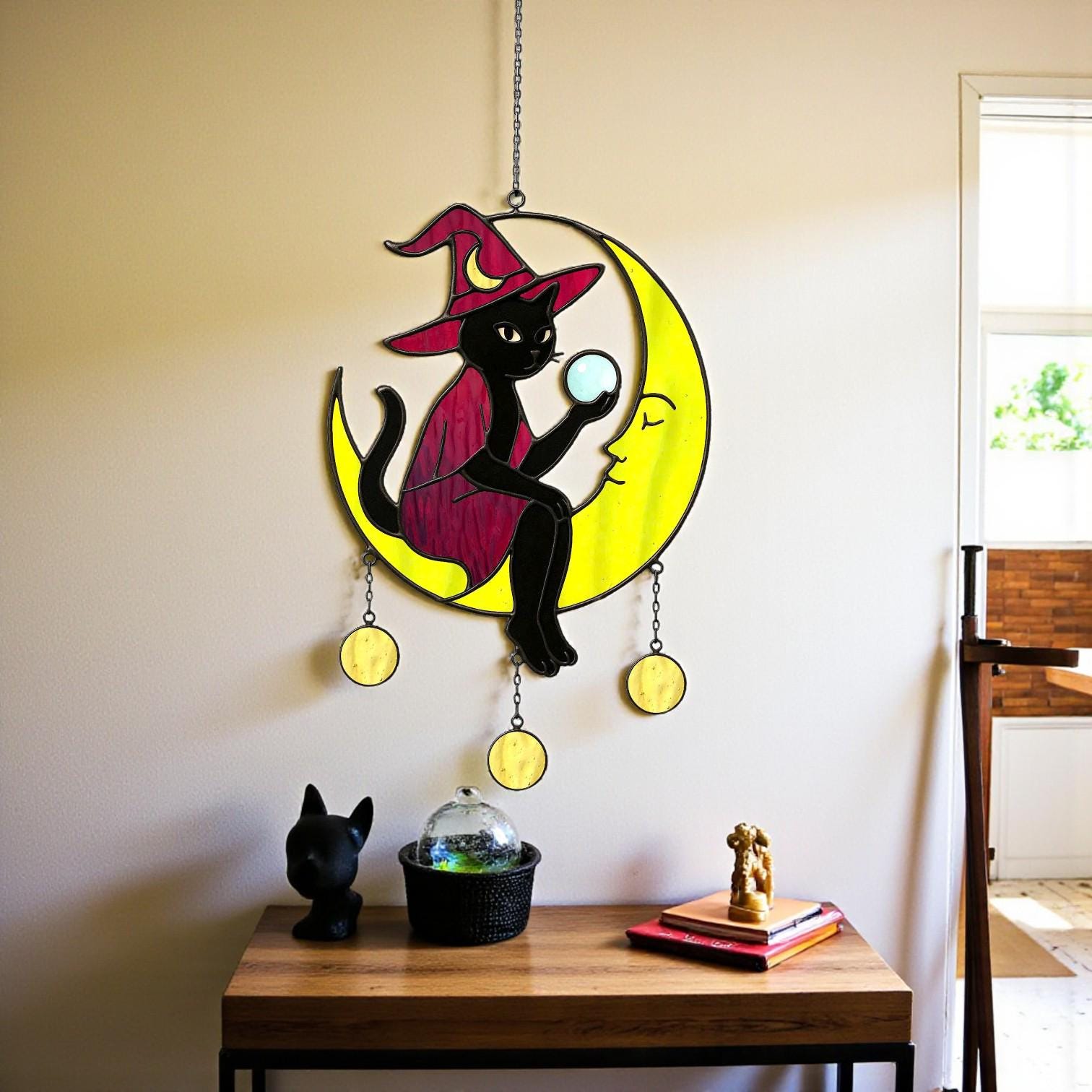 Handmade stained glass witch on crescent moon Halloween window hanging décor