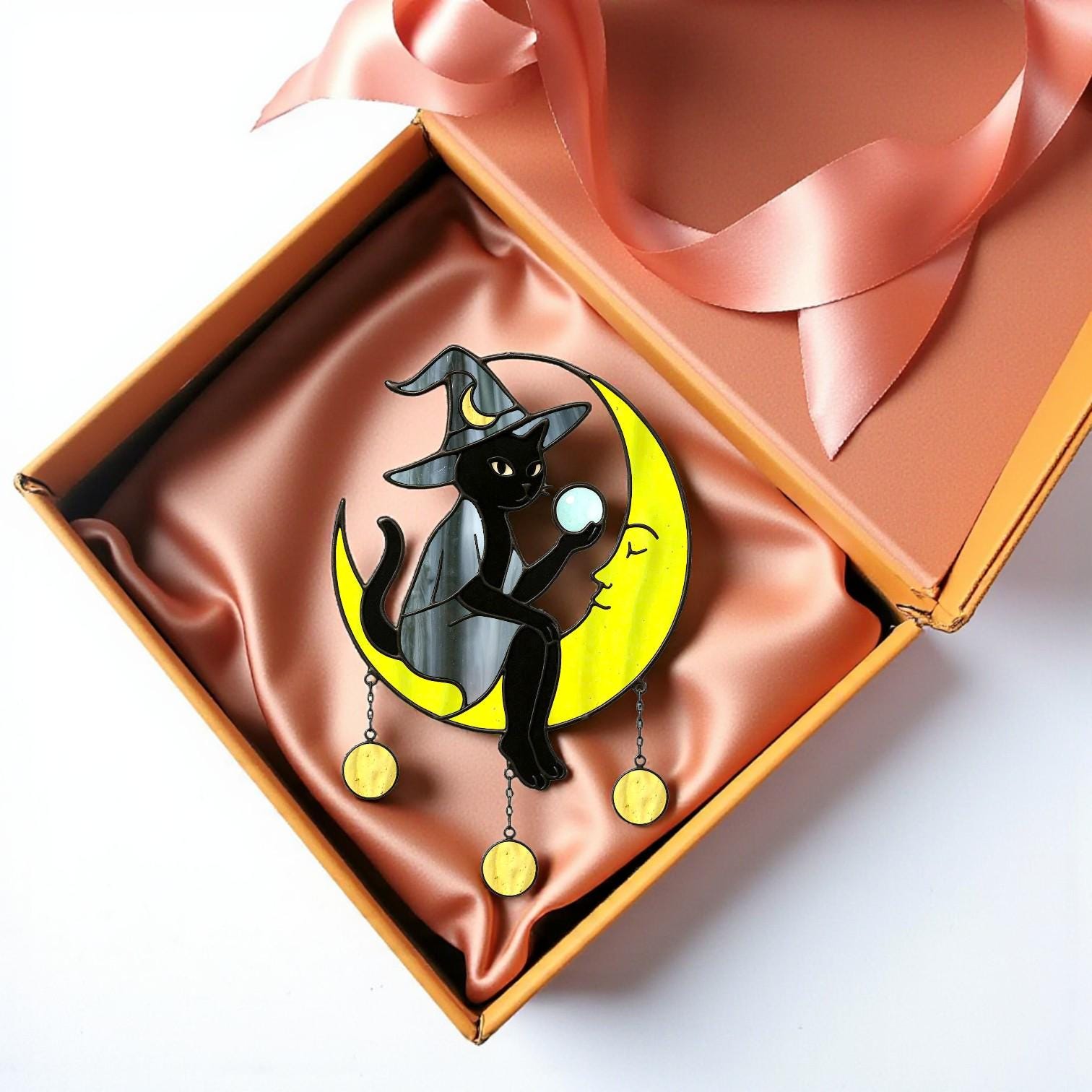 Unique stained glass witch on moon Halloween ornament for gothic décor